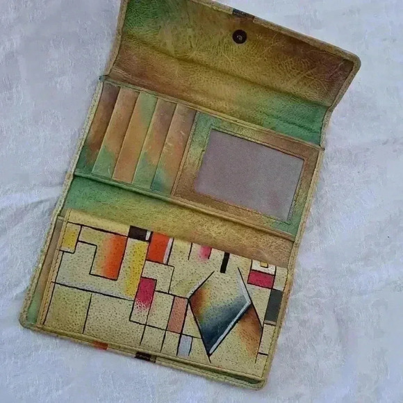 Wallet  CHECKBOOK GOLD ABSTRACT LEATHER  HAND PAINTED MV BOTARI - Picture 3 of 9